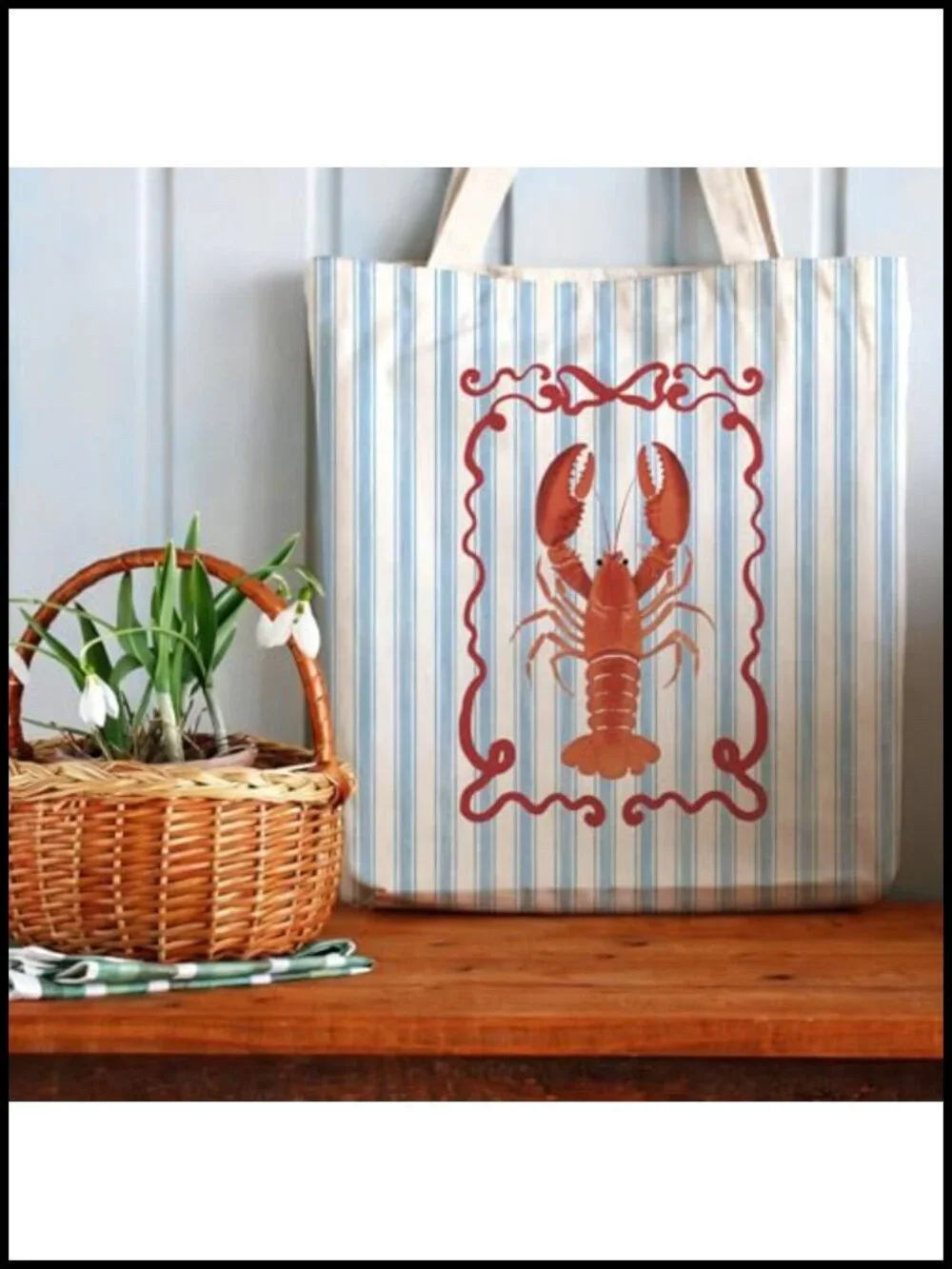 Linen Canvas Tote Bag with Lobster Print, Reusable Shopping Grocery Bag